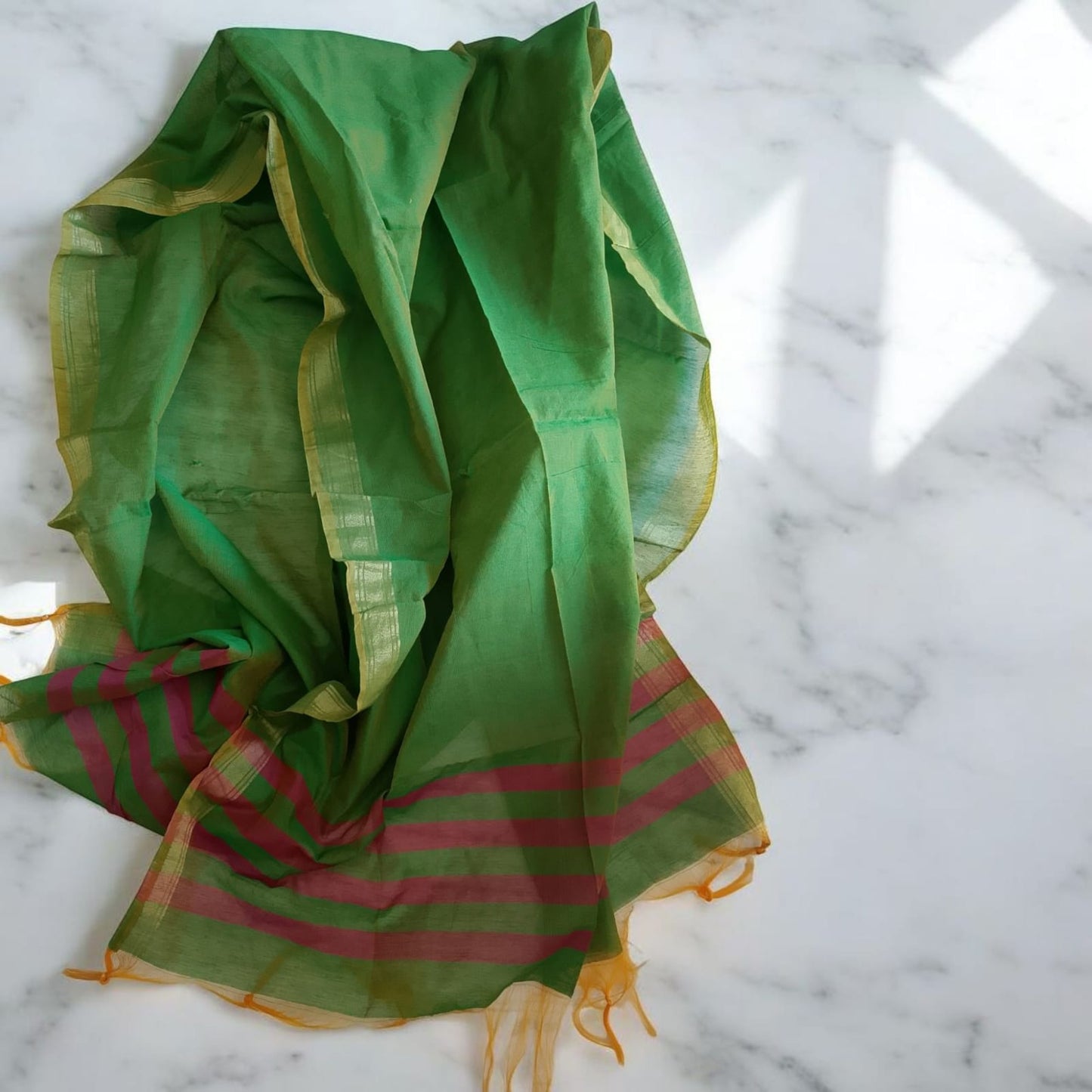 Handwoven Elegance: Green & Gold Cotton Dupatta – Timeless, Lightweight & Sustainable