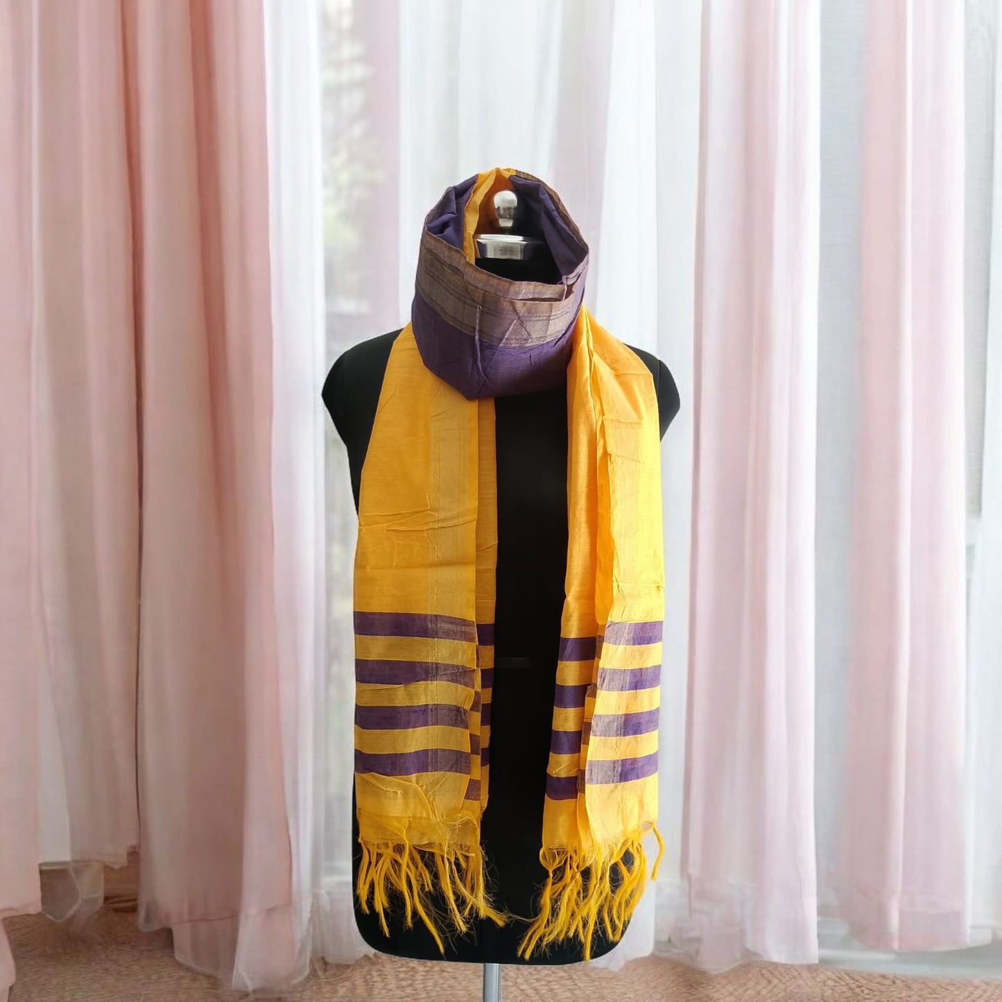 Regal Charm Handwoven Dupatta – Mustard Yellow & Royal Purple Cotton Stole | Lightweight, Ethnic Elegance