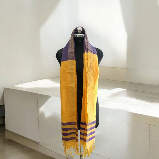 Regal Charm Handwoven Dupatta – Mustard Yellow & Royal Purple Cotton Stole | Lightweight, Ethnic Elegance