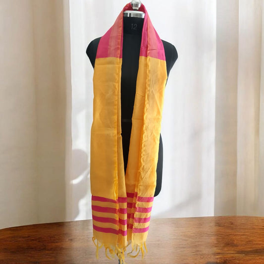 Handwoven Sunshine Dupatta – Vibrant Yellow & Pink Striped Cotton Stole | Lightweight, Ethnic Elegance