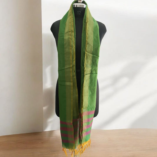 Handwoven Elegance: Green & Gold Cotton Dupatta – Timeless, Lightweight & Sustainable