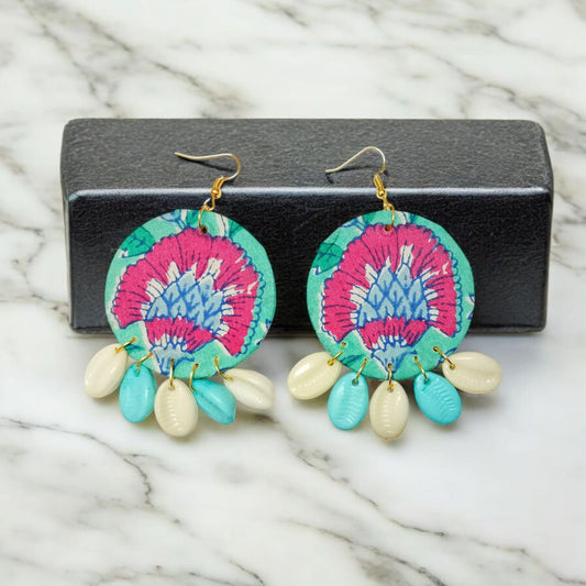Handmade Block Print Fabric Earrings with Shell Charms – Boho Chic Jewellery
