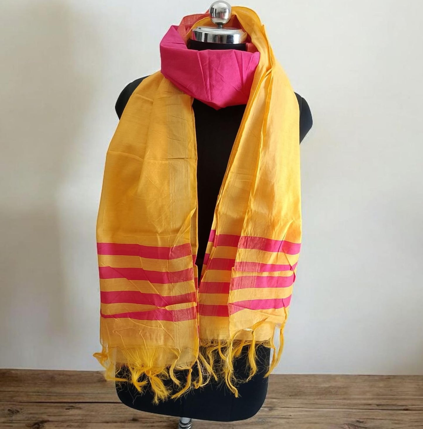 Handwoven Sunshine Dupatta – Vibrant Yellow & Pink Striped Cotton Stole | Lightweight, Ethnic Elegance