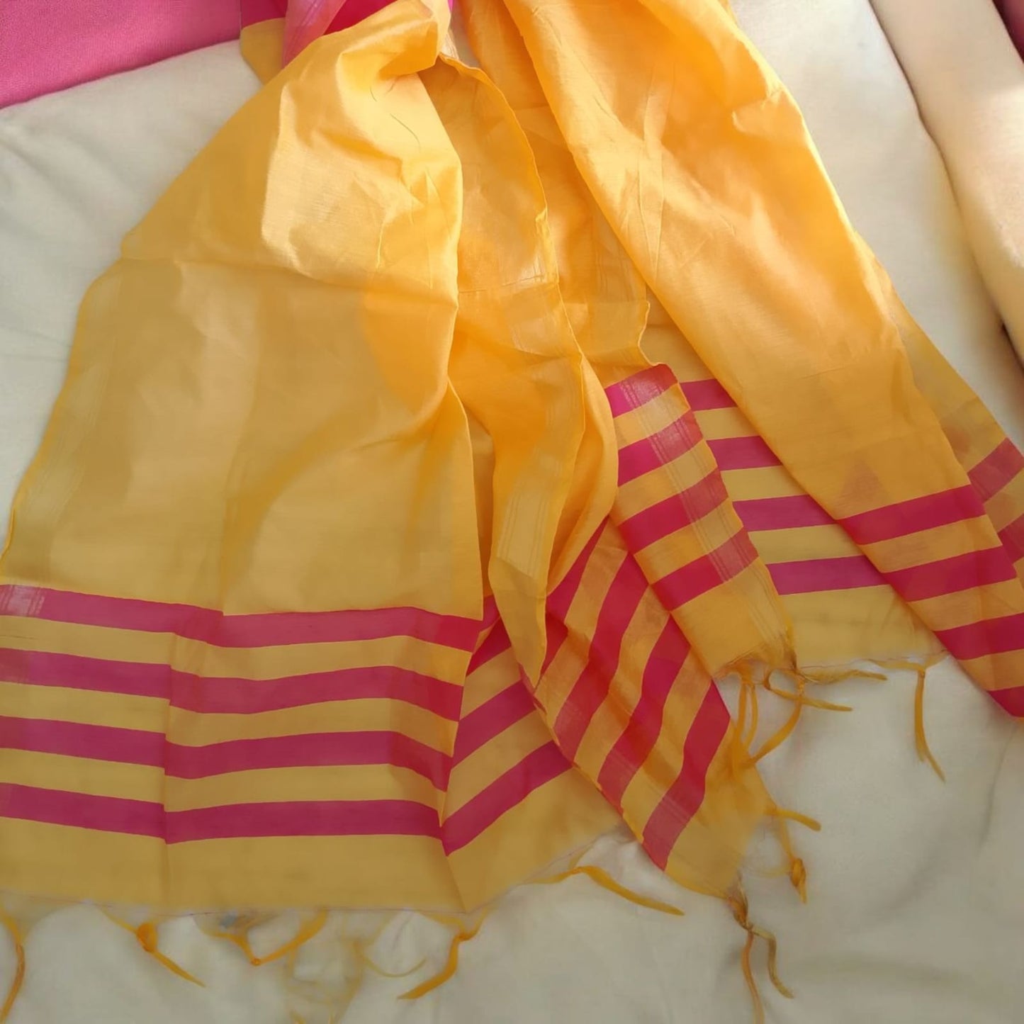 Handwoven Sunshine Dupatta – Vibrant Yellow & Pink Striped Cotton Stole | Lightweight, Ethnic Elegance